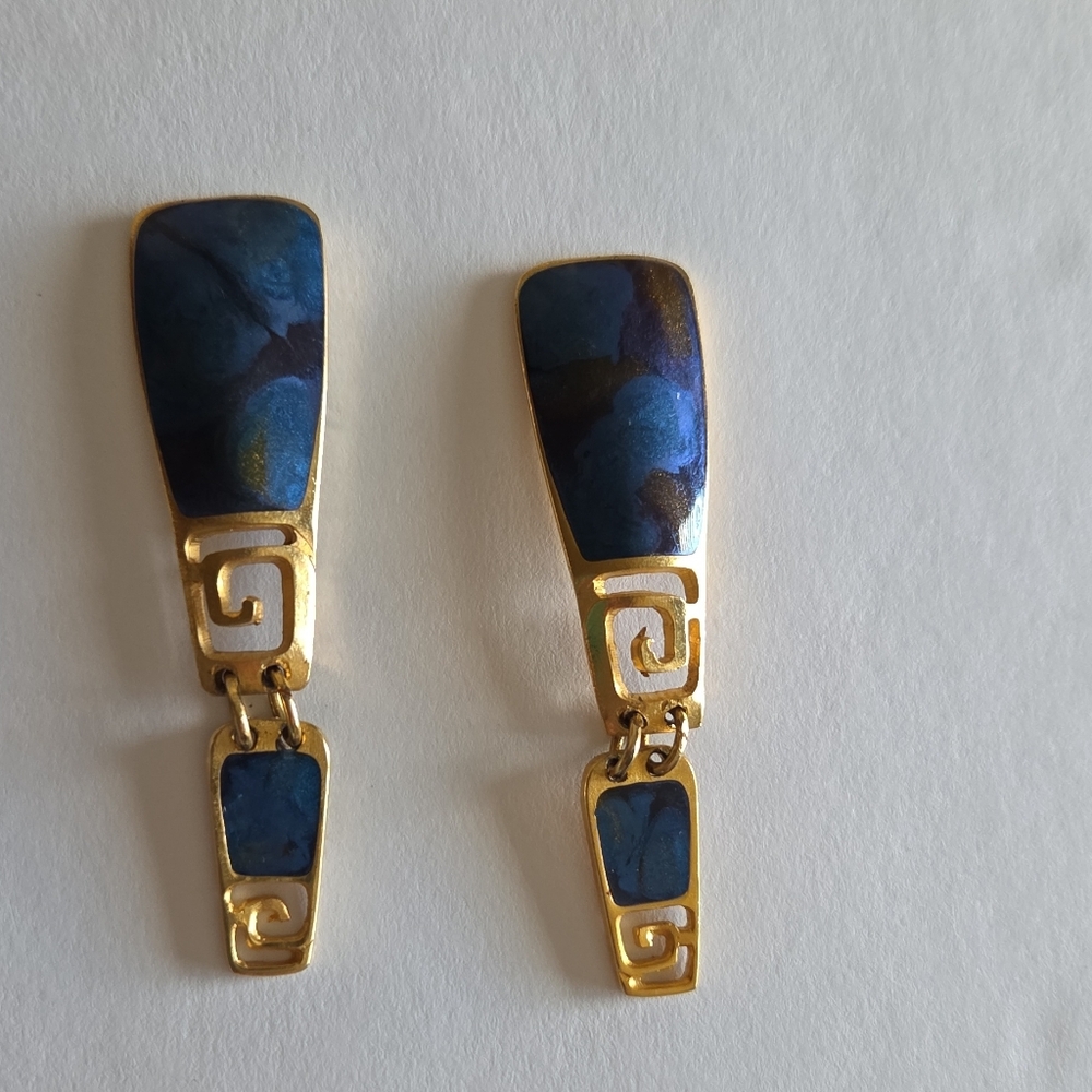 Edgar Berebi Vintage 80s Art Deco Revival Blue Enamel Gold Tone Pierced Dangle